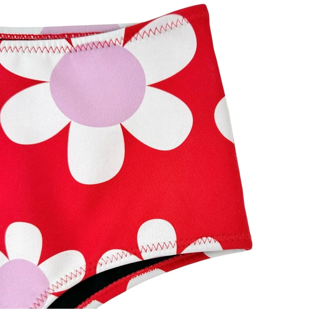 Cynthia Rowley Liv Daisy Neoprene Bikini Bottom - Red Floral Swimsuit Bottoms - Picture 7 of 12